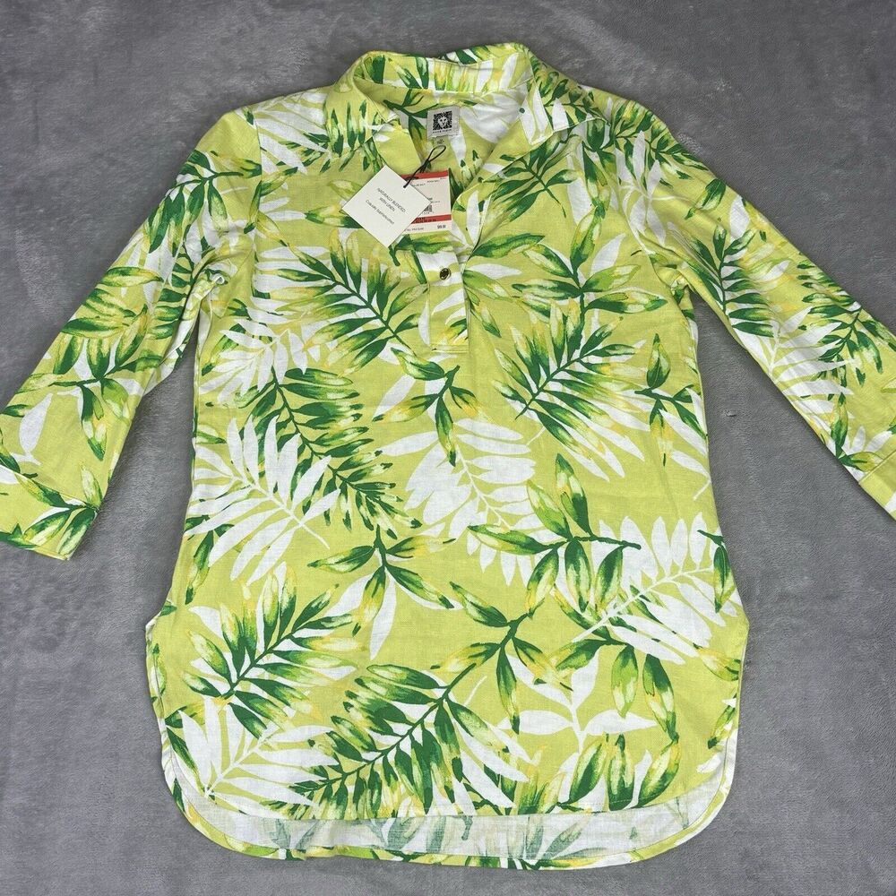 Anne Klein Linen Shirt Womens X-Small Green Tunic Palm 3/4 Sleeve Button New $89 - Picture 7 of 16